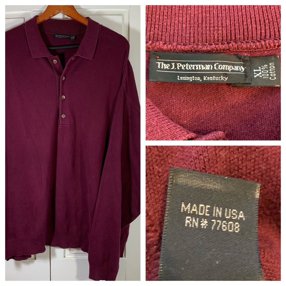 The J Peterman Company Mens Burgundy Long Sleeve Polo Sweater Knit Cotton XL USA